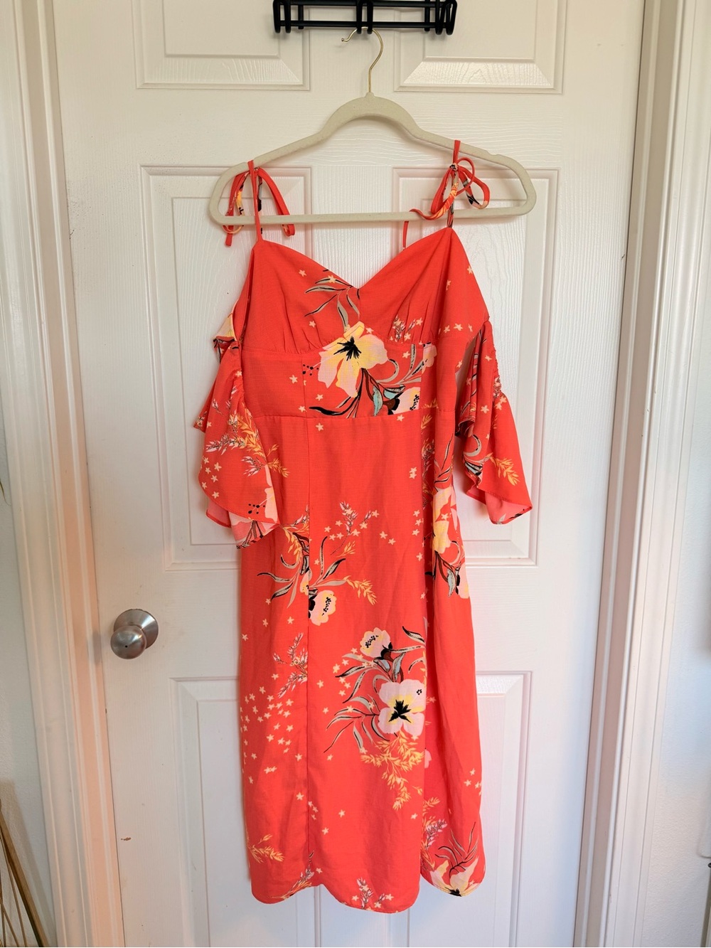 Coral Floral Cold-Shoulder Midi Dress